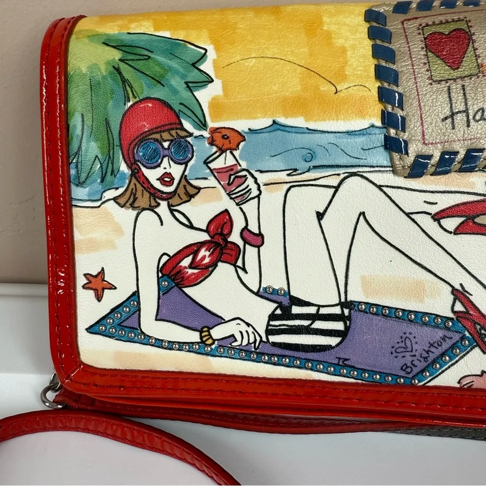 Vintage Brighton Hand Painted Leather Beach Art Crossbody Bag Purse